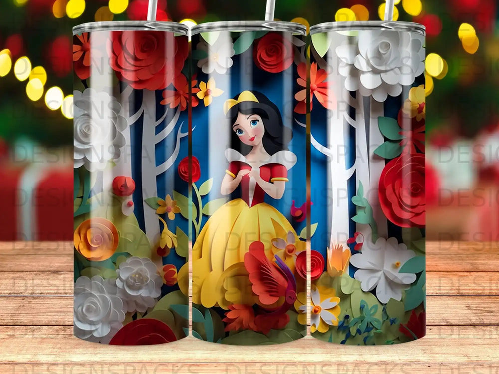 Snow White in yellow dress surrounded by paper flowers and trees.