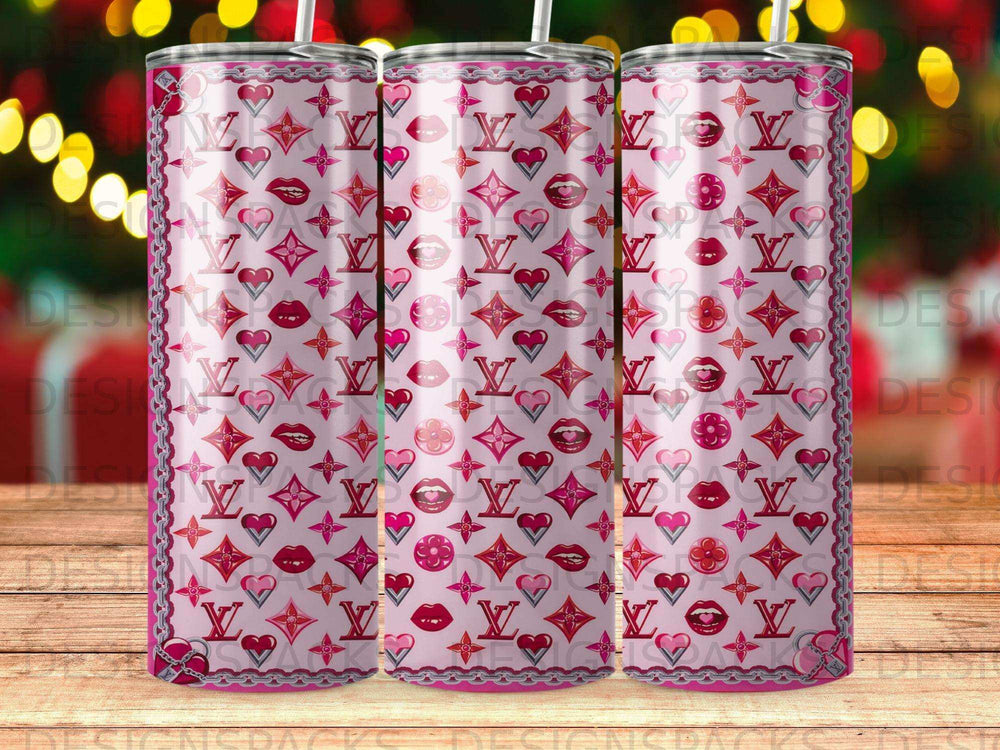 Pink tumbler with repeating pattern of LV monograms and lips.