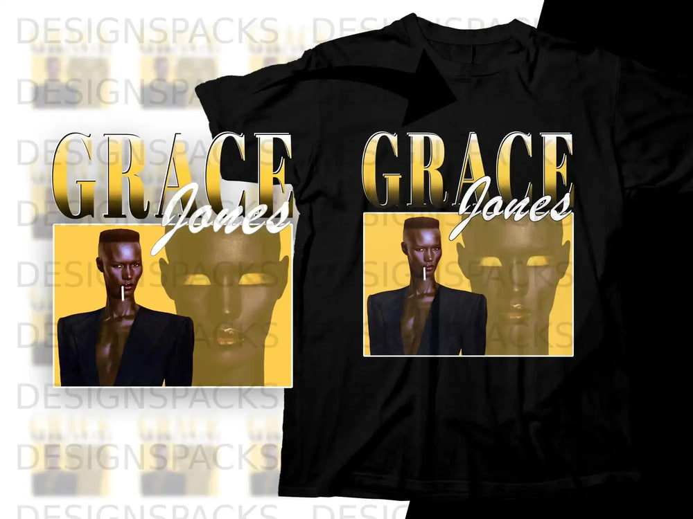 Black t-shirt with "GRACE JONES" text and a portrait of Grace Jones.