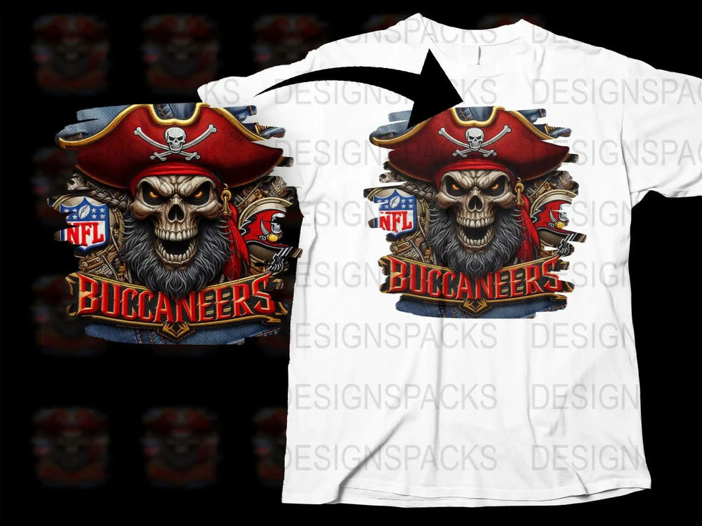 Pirate skull Buccaneers NFL t-shirt design with red hat and beard, print-ready graphic