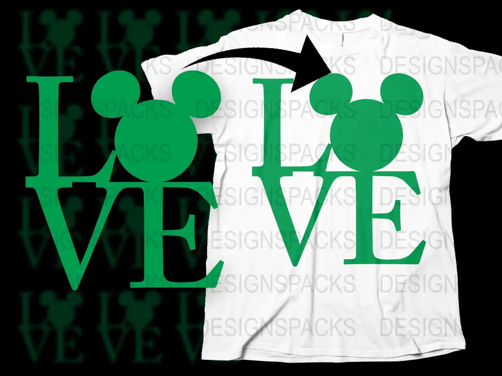 Green LOVE design with Mickey Mouse ears on white t-shirt, print-ready for DTG or DTF.