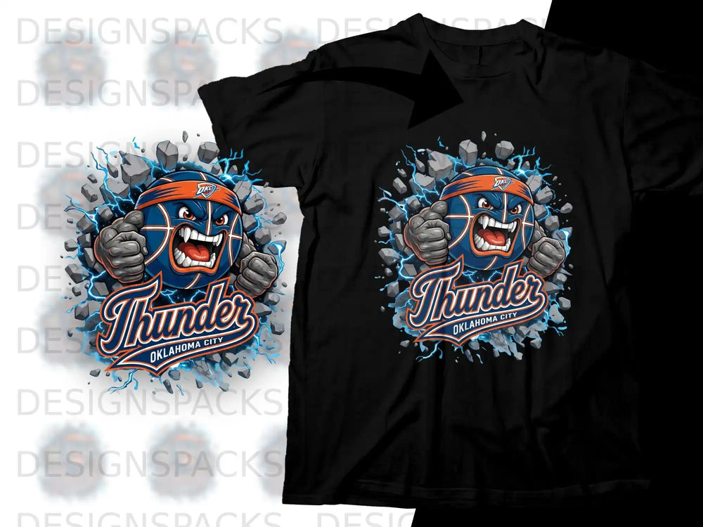 Black t-shirt with a cartoon basketball player in the Oklahoma City Thunder logo.