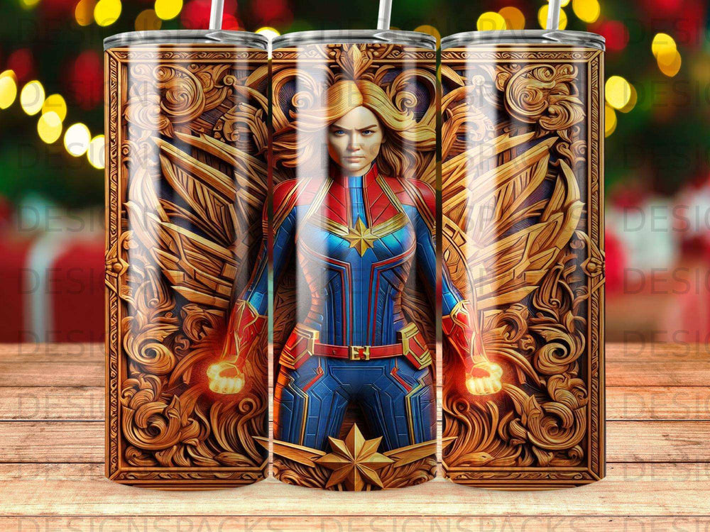 Captain Marvel in costume with glowing fists, framed by ornate gold wings.