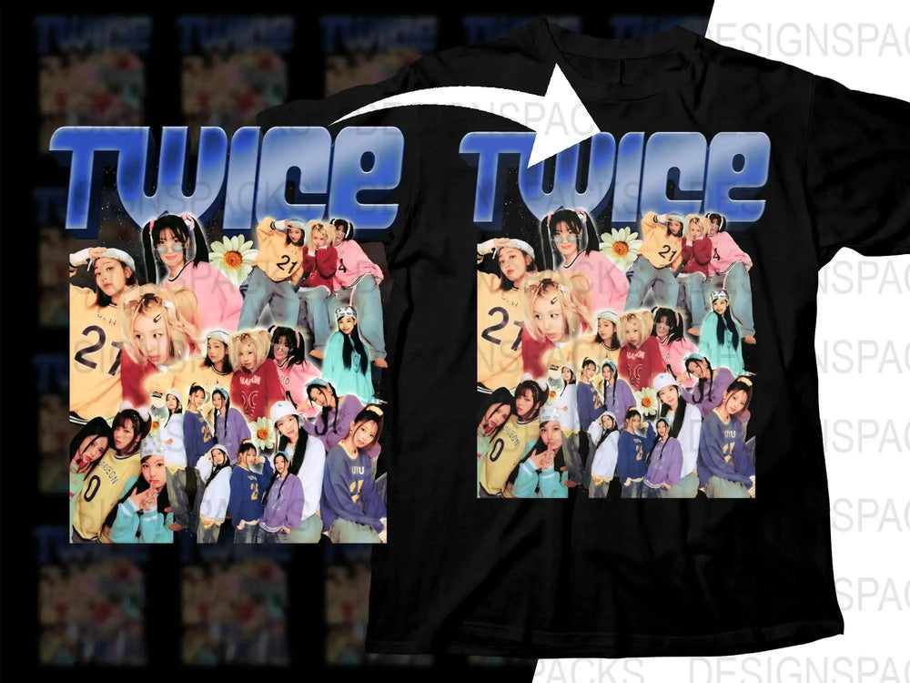 TWICE K-pop group collage design on black t-shirt, vibrant colors, fan merchandise