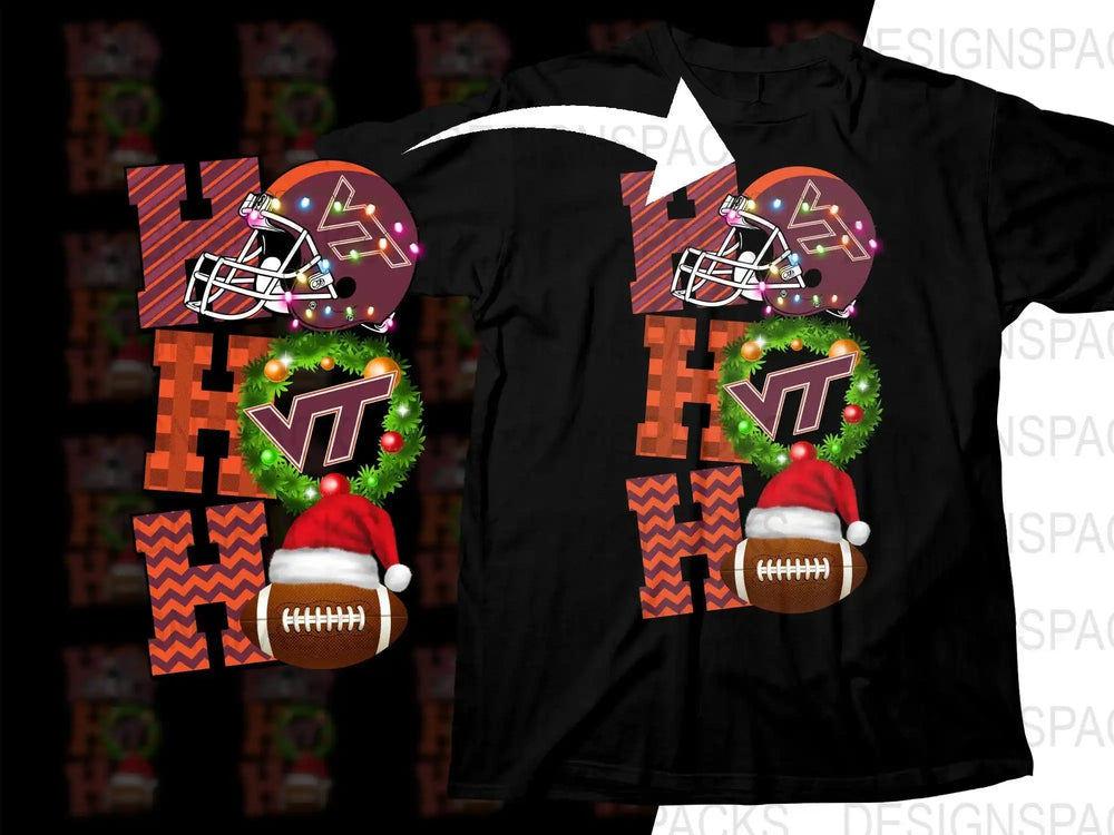 Holiday football design with VT logo, wreath, lights, and Santa hat football for DTG/DTF printing