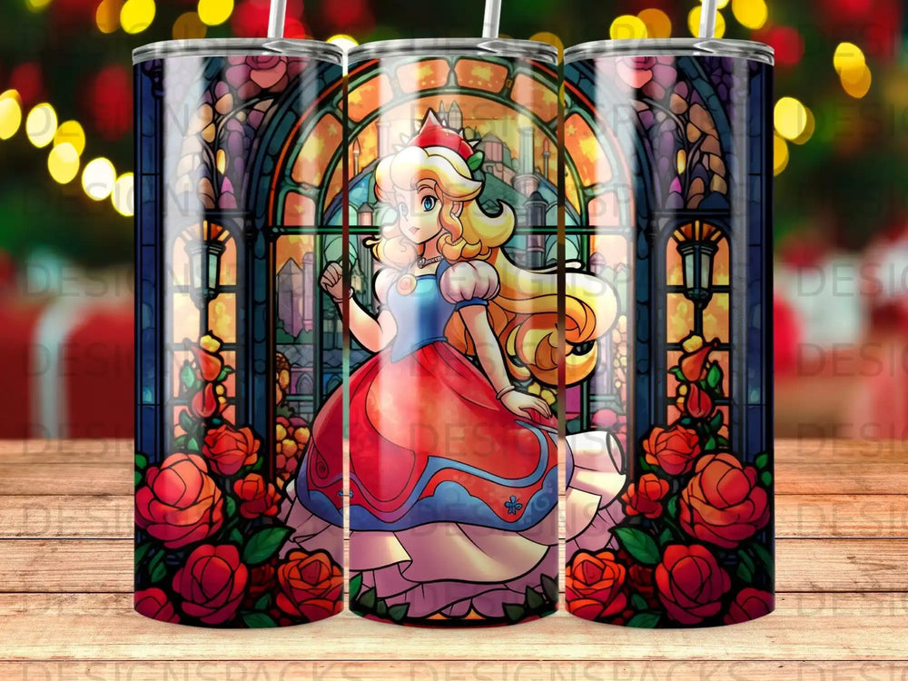 Princess Peach in a stained glass window with roses.