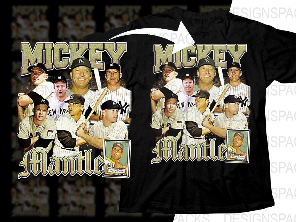 Mickey Mantle baseball t-shirt design with vintage player collage, gold text, and trading card graphic