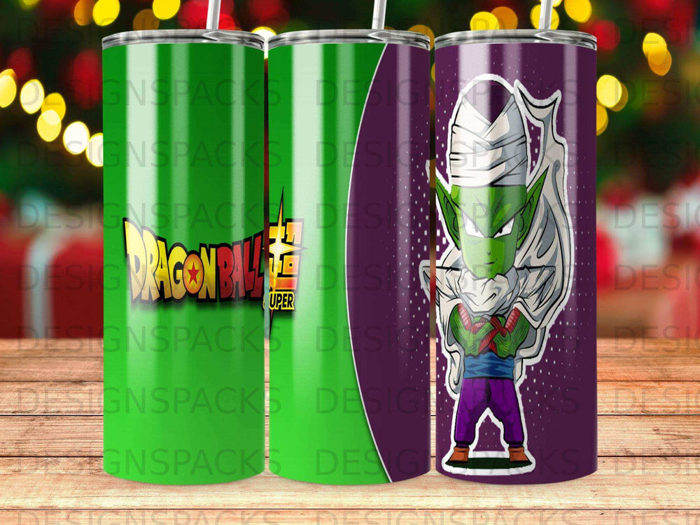 Dragon Ball Z Piccolo character on three green and purple gradient tumblers.