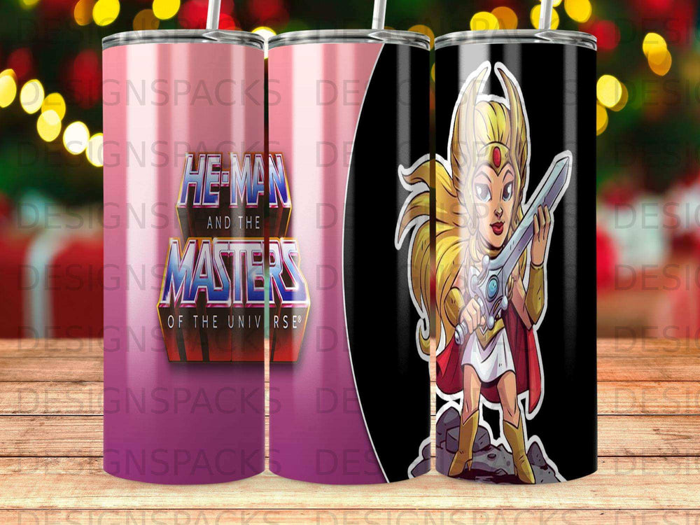 She-Ra with sword from Masters of the Universe on patterned tumblers.
