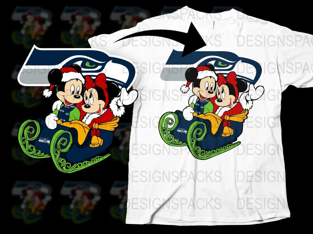 Mickey and Minnie in Seattle Seahawks sleigh, festive holiday t-shirt design