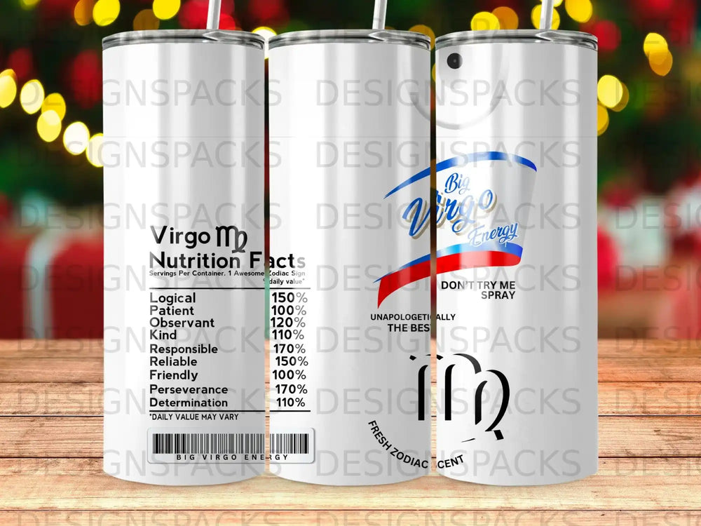 Virgo energy drink can with nutrition facts, "Big Virgo Energy" and zodiac traits.