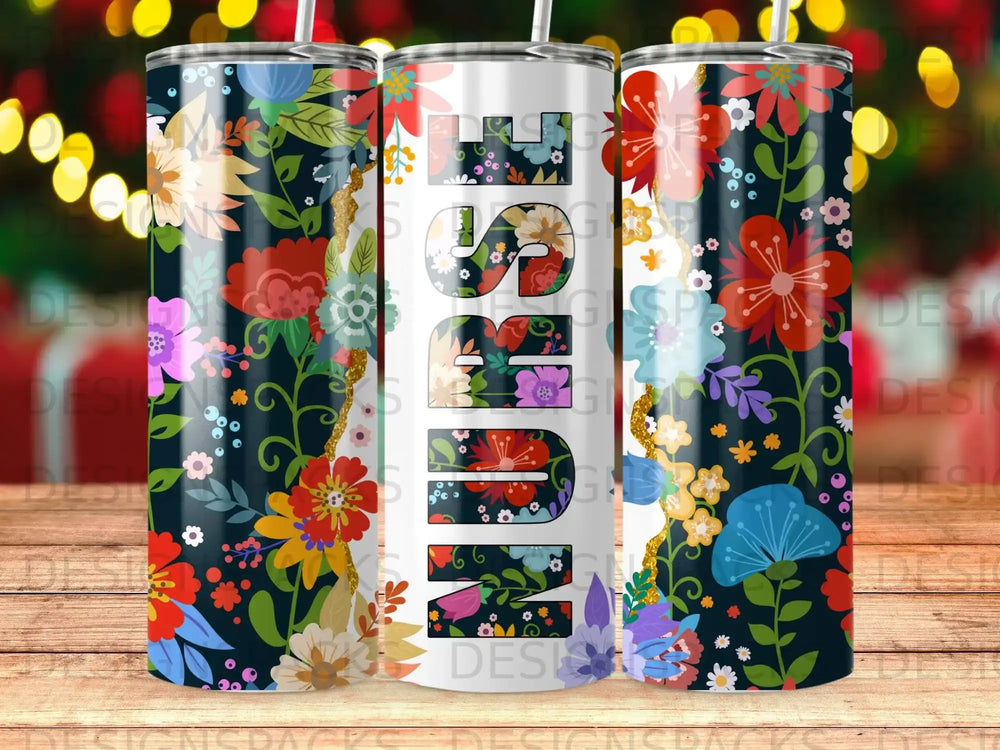 Tumbler with colorful floral design and "Mom" text in bold script.