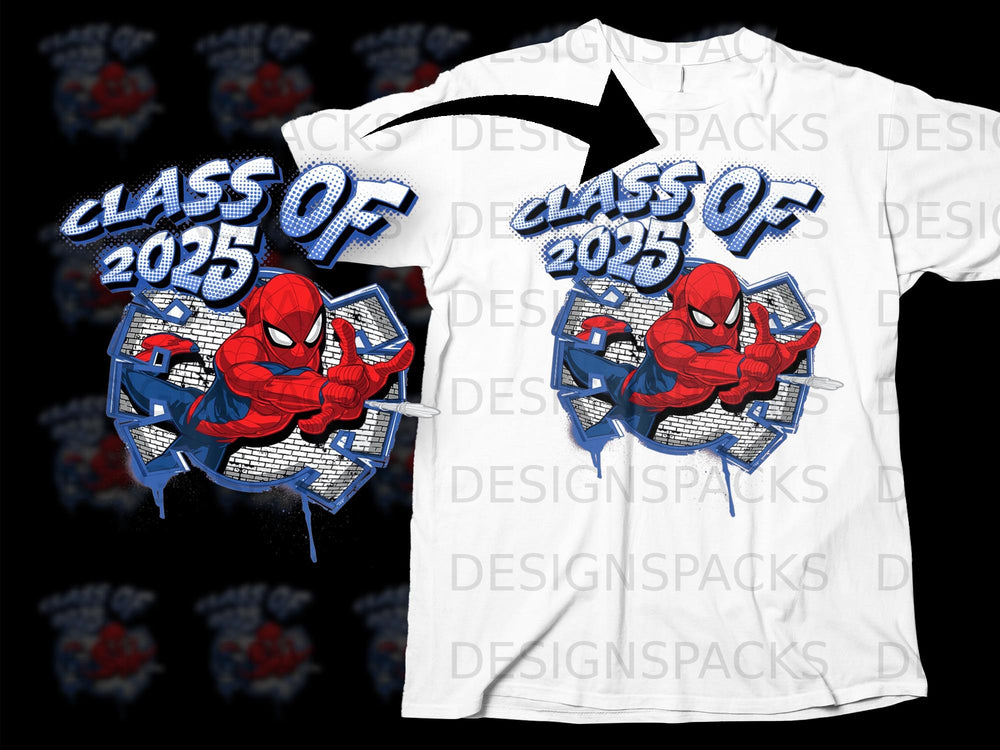 Spiderman and "Class of 2025" graphic on a white t-shirt.