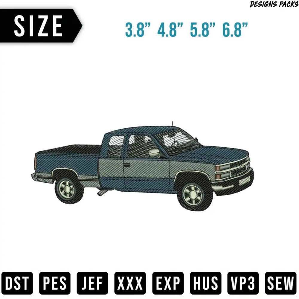 Embroidery design of a two-tone pickup truck with size options.