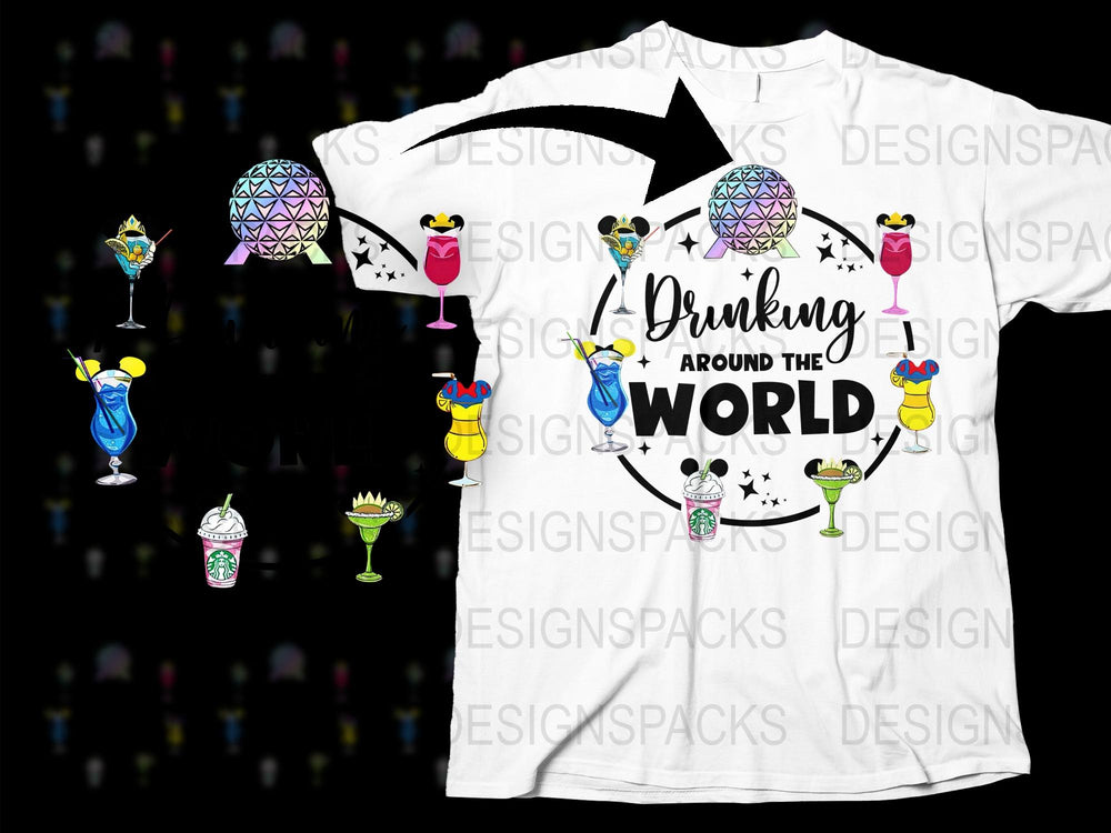 Drinking Around the World T-Shirt, Funny Travel Cocktail Graphics, Unisex Adult Party Tee