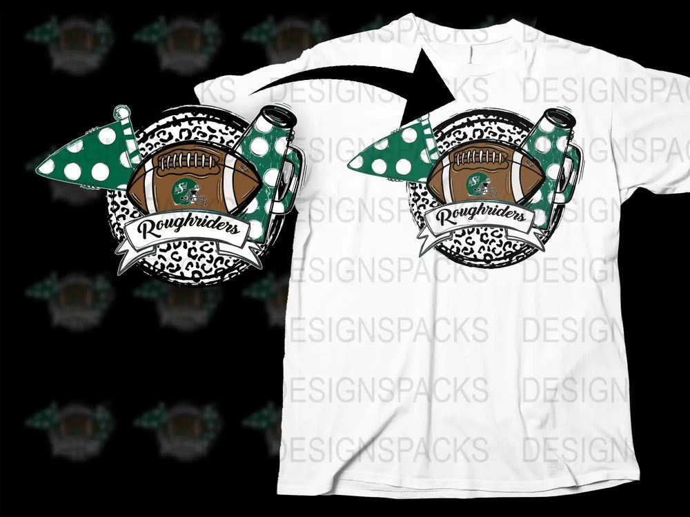 Roughriders football design with leopard print, green polka dots, and helmet on white t-shirt