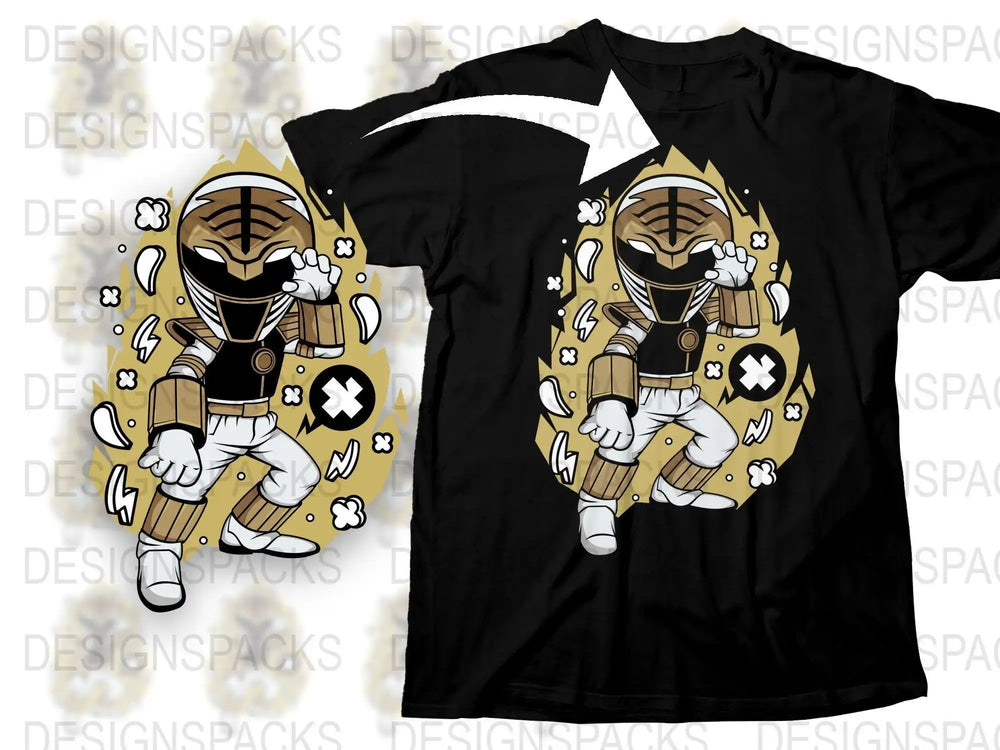 Chibi Power Ranger design on black t-shirt, perfect for DTF/DTG printing with dynamic comic-style effects.