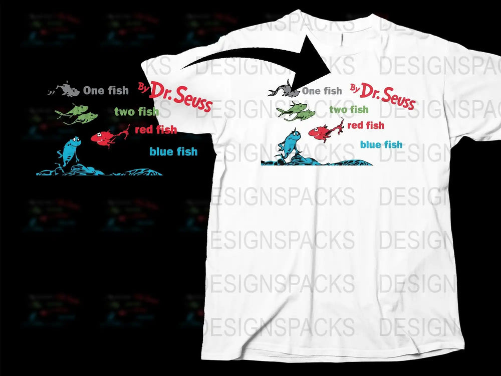 Dr. Seuss 'One Fish Two Fish' t-shirt design with colorful fish, print-ready for DTF DTG