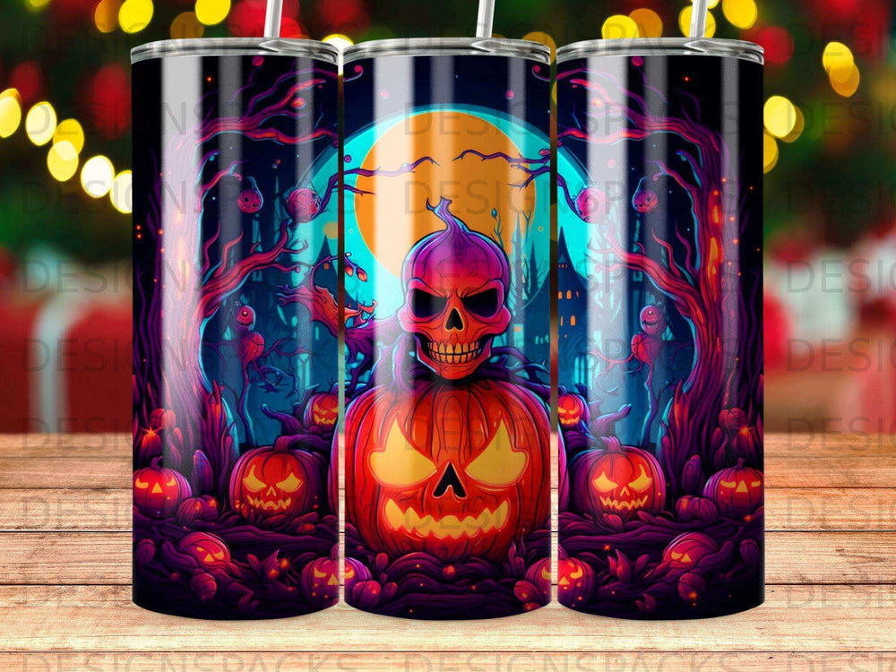 Halloween tumbler with jack-o'-lantern, skull, and spooky forest scene.