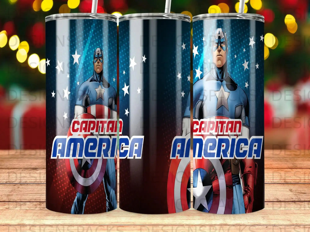 Captain America tumbler with stars and shield design.
