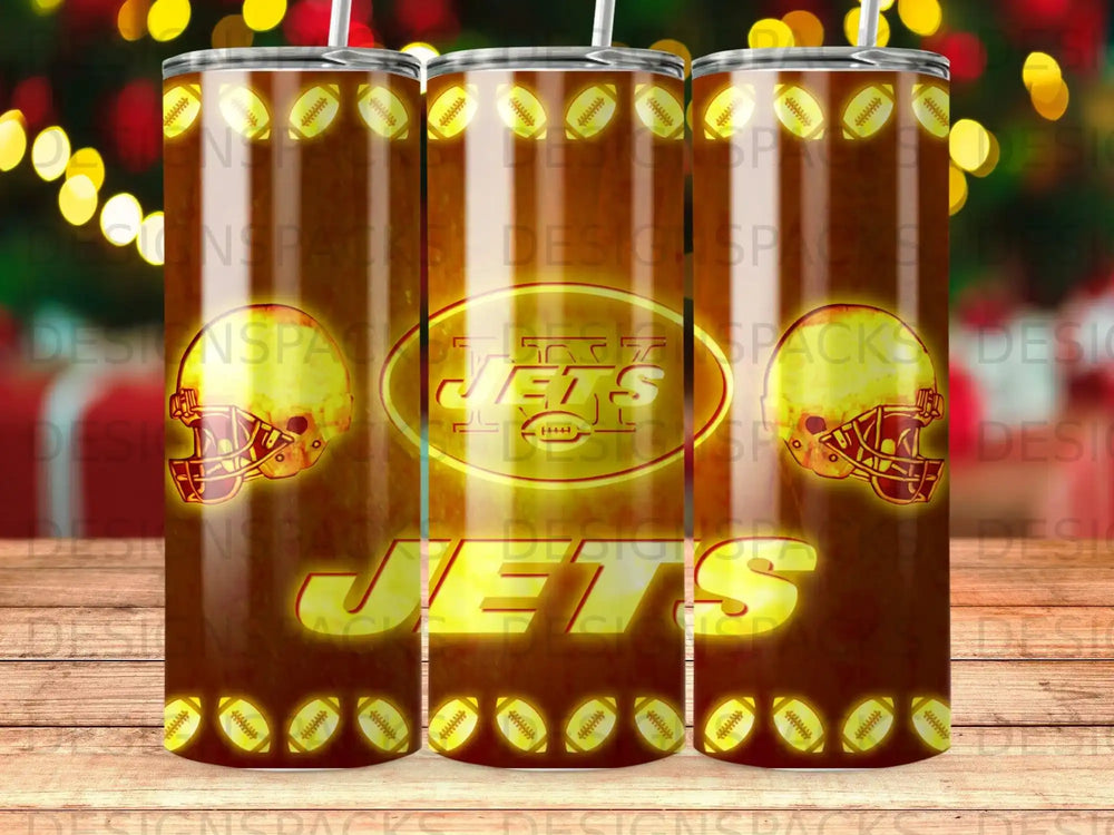 New York Jets logo and football helmet pattern on a tumbler.