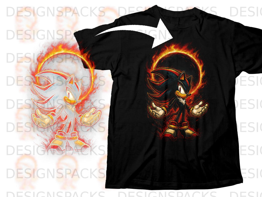 Black t-shirt with Shadow the Hedgehog surrounded by a ring of fire.