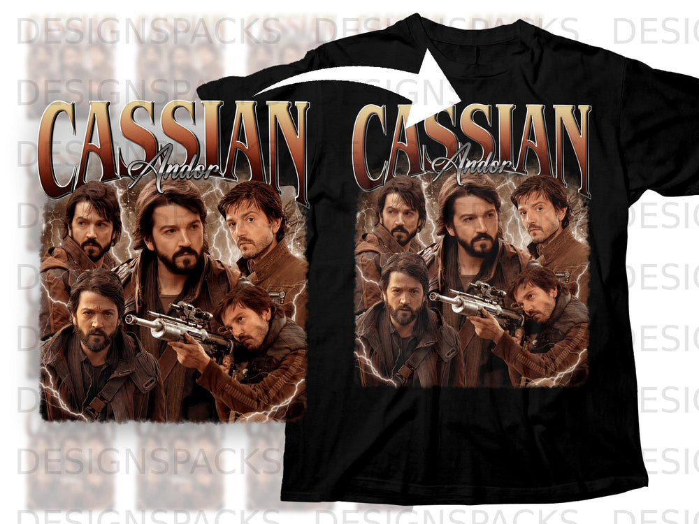 Cassian Andor and crew on a black t-shirt with lightning effects.