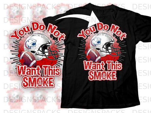 Black t-shirt graphic with football helmet, rugby ball, and text 