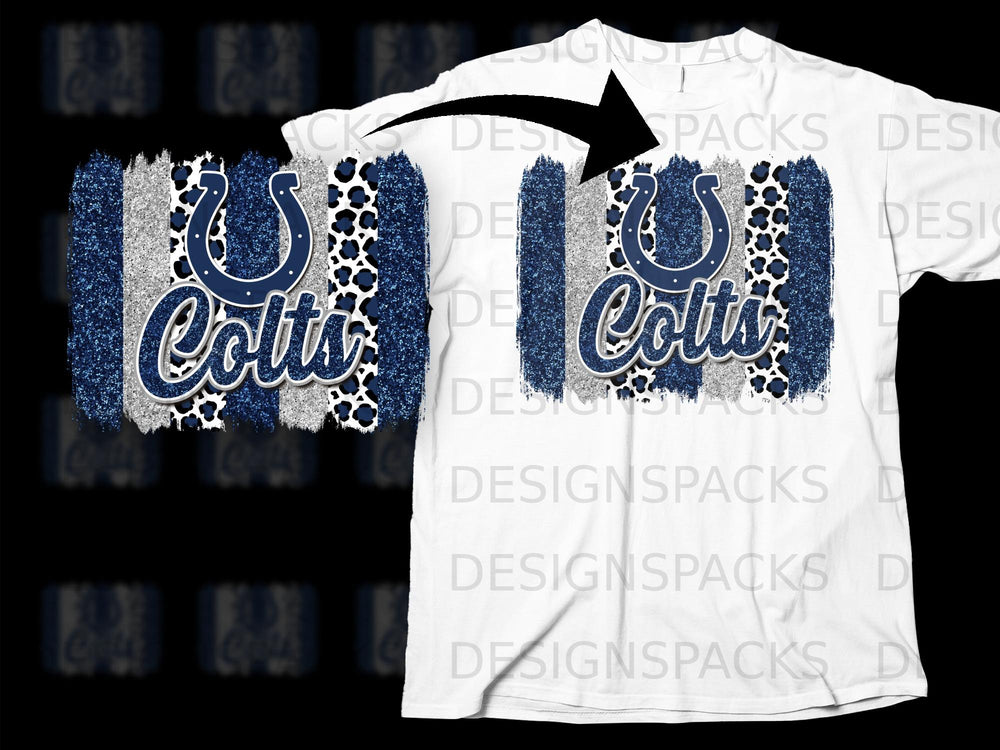 Indianapolis Colts horseshoe logo with glitter, leopard print, and stripes, and the word "Colts".