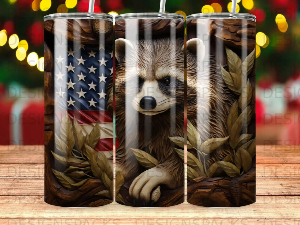 Tumbler with a raccoon, American flag, and leaves design.