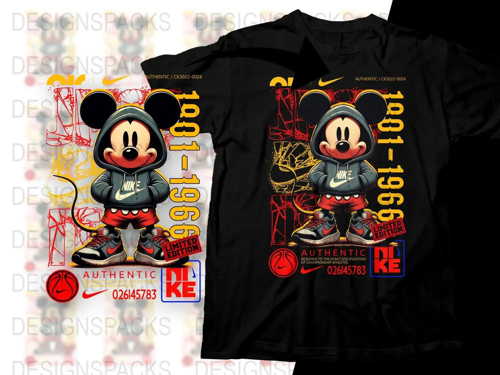 Mickey Mouse in Nike hoodie t-shirt design, limited edition, print-ready for DTG/DTF, authentic sports graphic