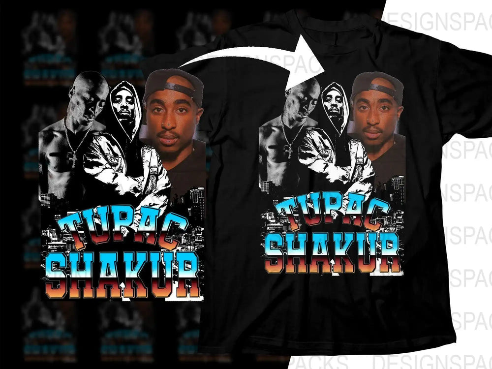 Tupac Shakur t-shirt design with cityscape and bold gradient text for DTG printing