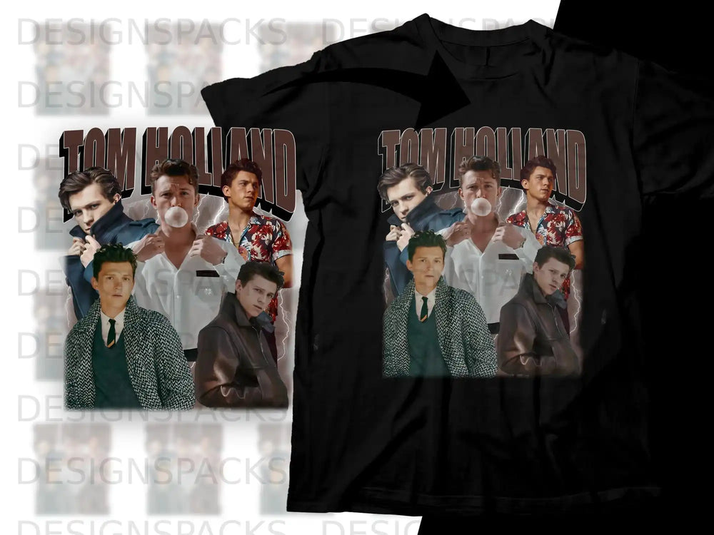 Tom Holland collage on black t-shirt graphic.