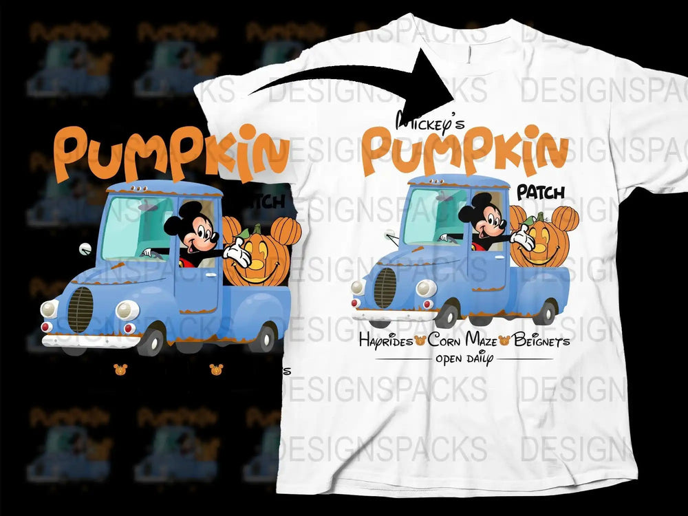 Mickey Mouse driving blue truck with pumpkin, 'Pumpkin Patch' design for t-shirts