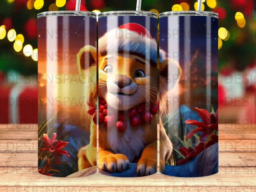 Simba from The Lion King on a tumbler, wearing a Santa hat and garland.