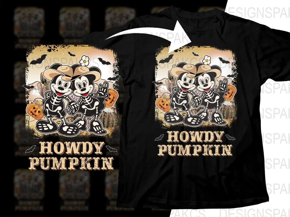 Halloween Mickey and Minnie skeleton design on black t-shirt with 'Howdy Pumpkin' text