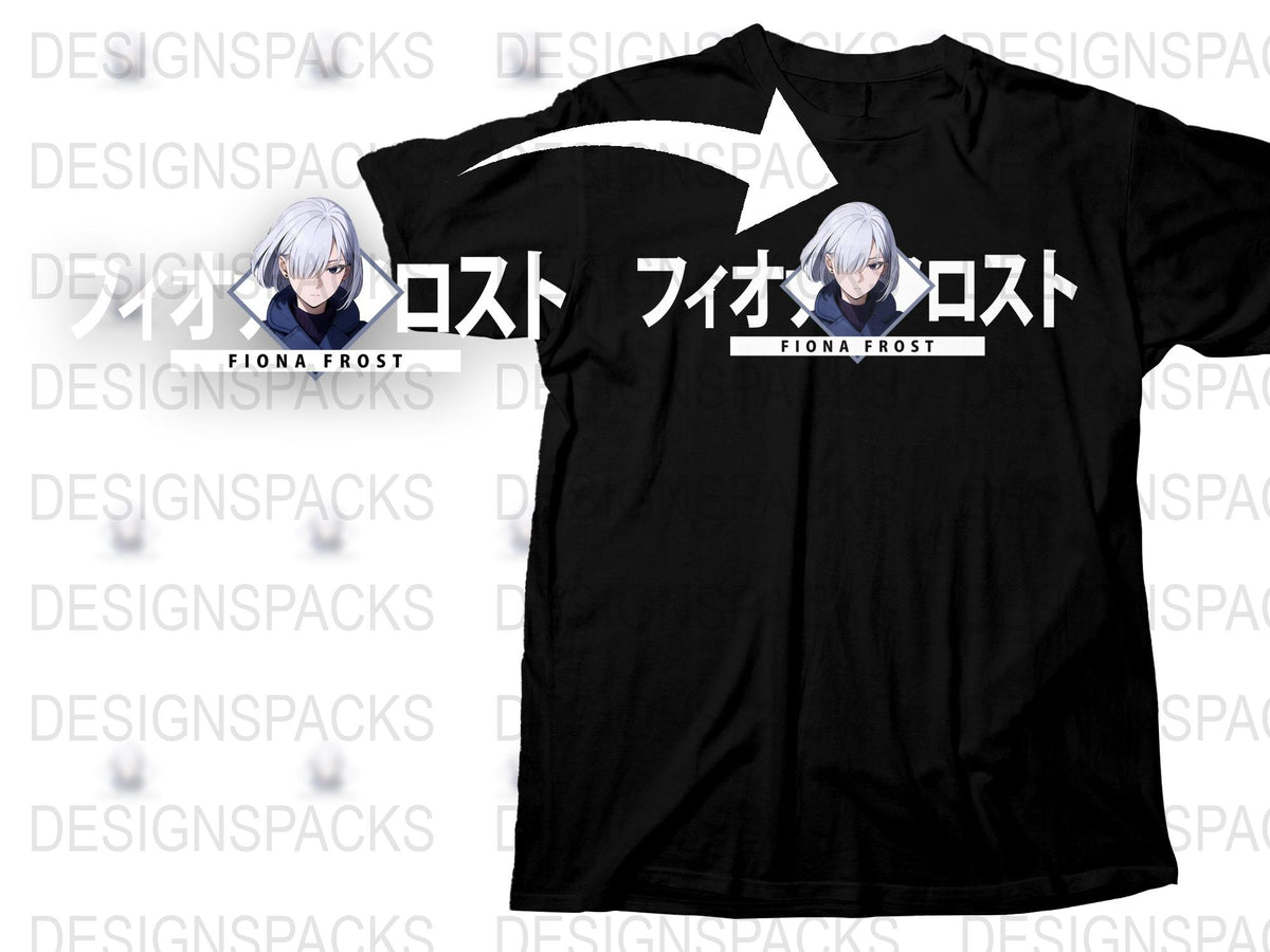 Fiona Frost Anime T-Shirt, Black Cotton Tee with Japanese Text, Cool Character Graphic Shirt