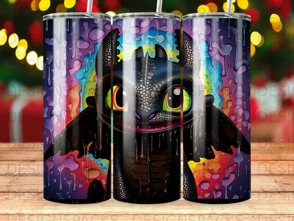 Toothless the dragon on a colorful, dripping, abstract background tumbler.