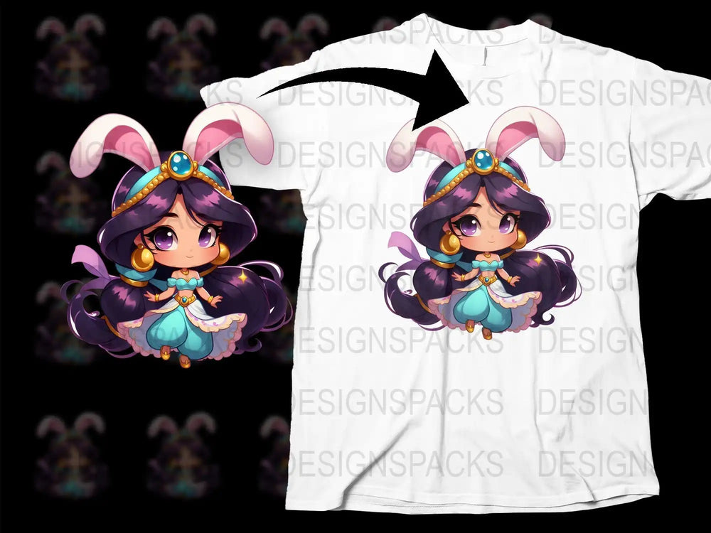 Chibi princess with bunny ears t-shirt design, print-ready PNG for DTG/DTF, cute cartoon character apparel graphic