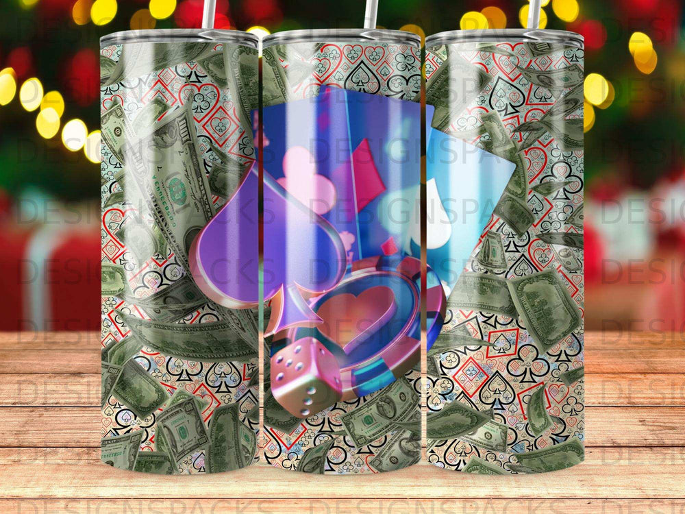 Tumbler featuring US dollar bills and playing card suits with dice.