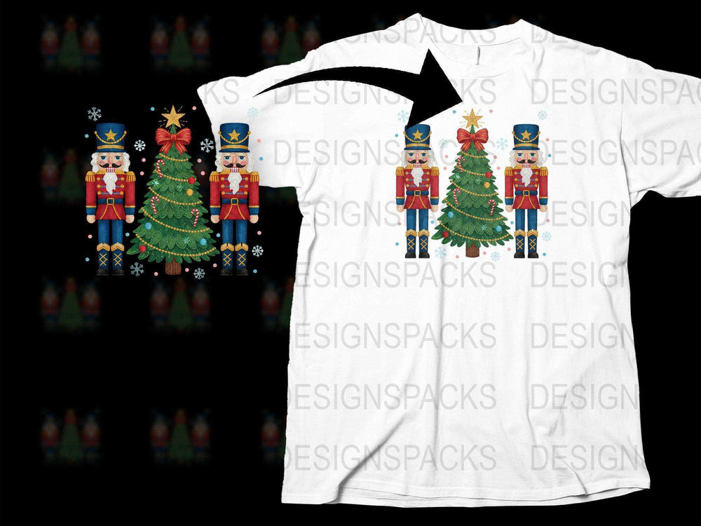 Nutcracker and Christmas Tree Holiday T-Shirt, Festive Winter Apparel, Unisex Graphic Tee, Snowflake Pattern, Gift Idea