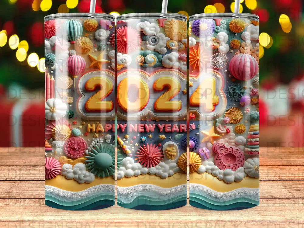 2024 Happy New Year tumbler with festive decorations and fireworks.