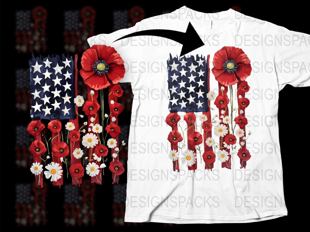 Patriotic Floral T-Shirt, American Flag and Red Poppies Design, Unisex White Graphic Tee, Summer Fashion Top, Memorial Day Outfit