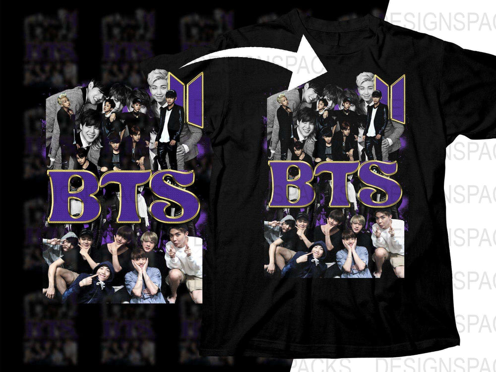 BTS group photo design on black t-shirt, purple and gold text, print-ready for DTG/DTF
