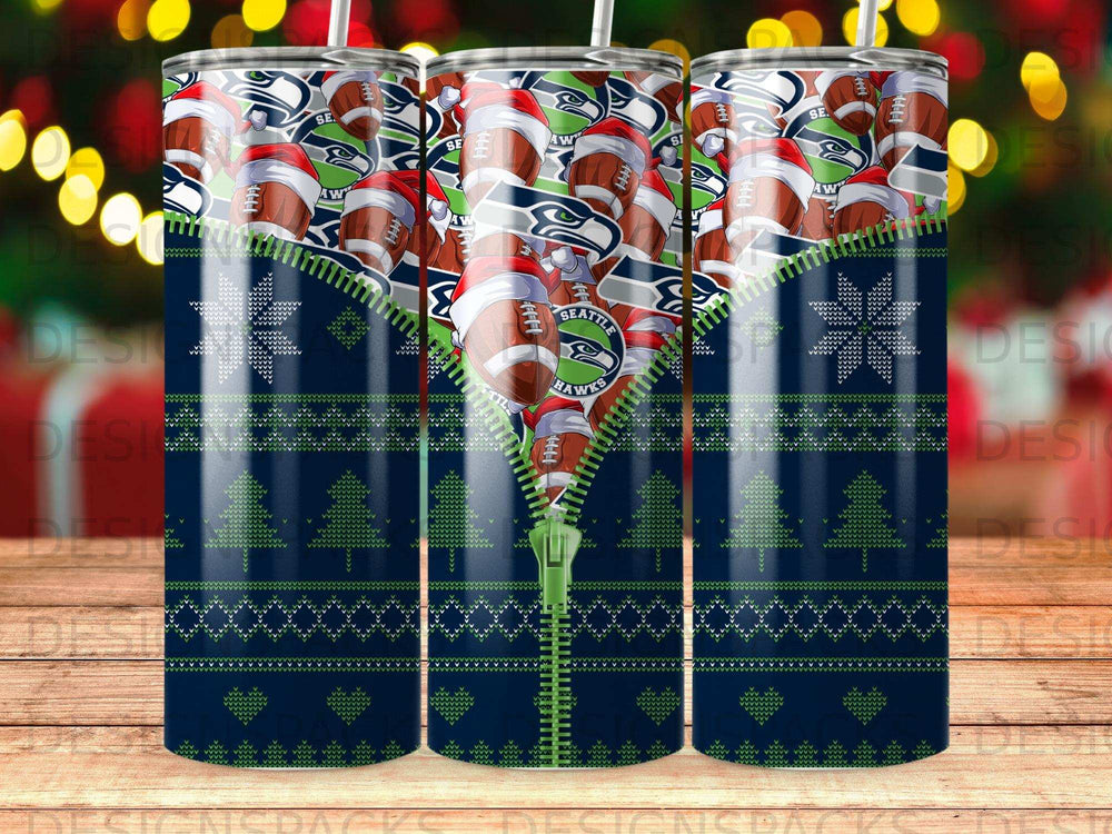 Seattle Seahawks-themed tumbler with football and snowflake pattern.