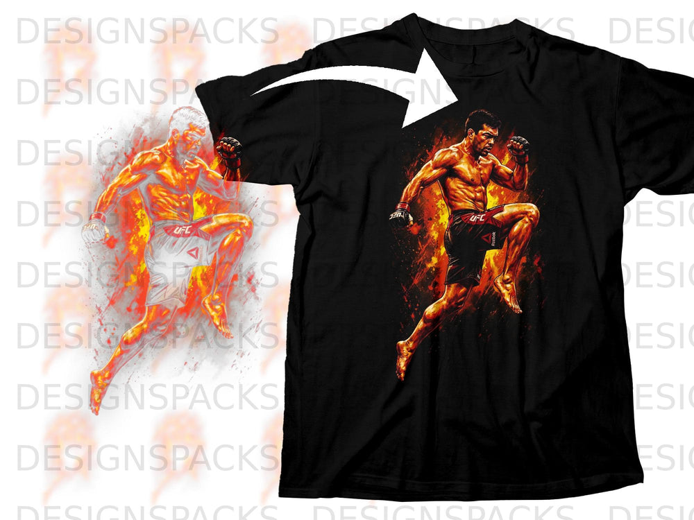 Black t-shirt with a graphic of a man in fighting stance surrounded by flames.
