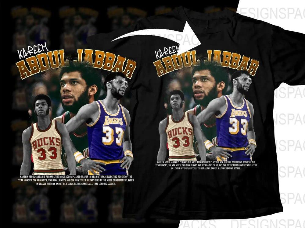 Kareem Abdul-Jabbar Lakers Bucks #33 basketball t-shirt design, print-ready PNG SVG for DTG DTF