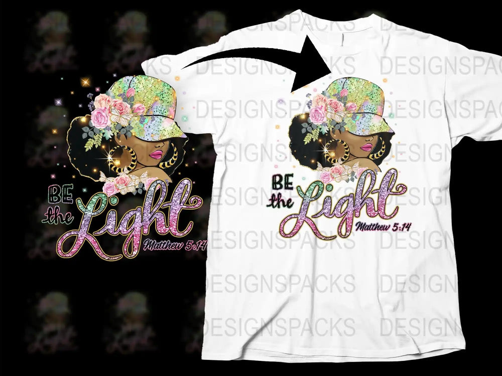 Be the Light Matthew 5:14 Graphic T-Shirt, Floral Christian Shirt, Women's Inspirational Faith Tee, Sparkly Trendy Religious Top