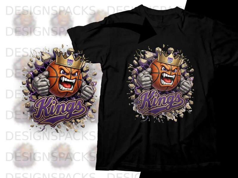 Basketball with angry face and "Kings" text, bursting through cracked background.