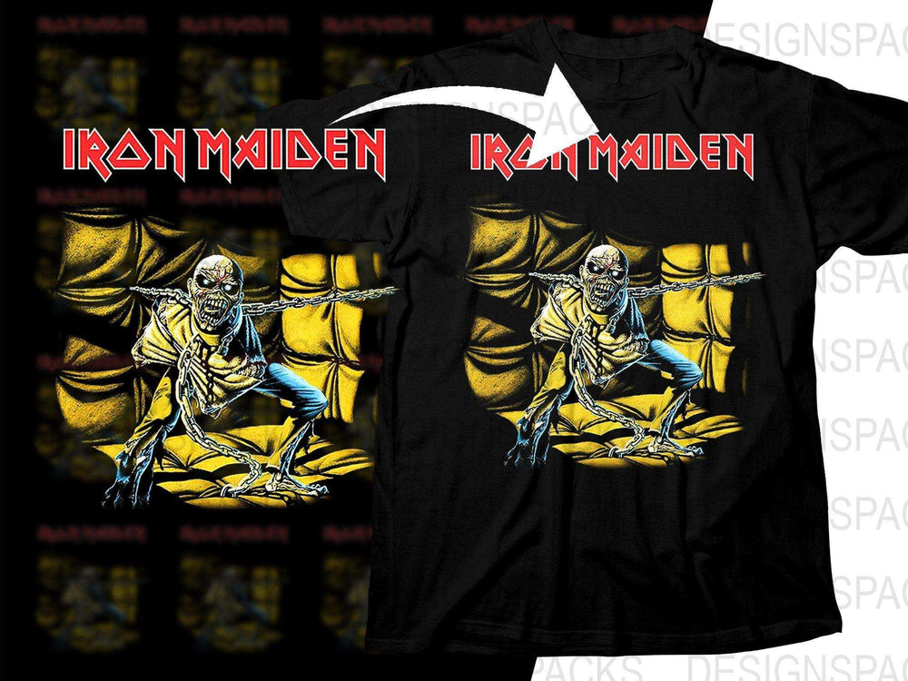 Iron Maiden band t-shirt design with Eddie skeleton, chains, and yellow backdrop for DTF/DTG printing